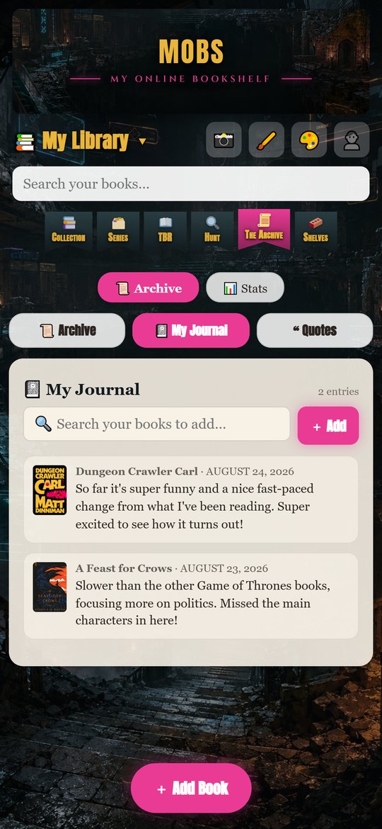 A private reading journal with dated entries in MOBS